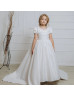 Short Sleeves Ivory Pleated Satin Flower Girl Dress